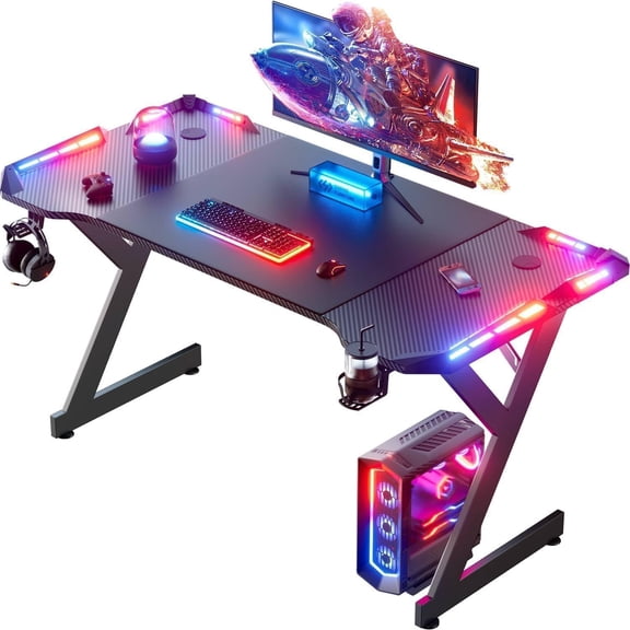 55 Inch Gaming Desk with LED Lights, Ergonomic Computer Gaming Table with Carbon Fibre Surface, Sturdy PC Workstation Desk for Home Office with Headphone Hook, Cup Holder, Black