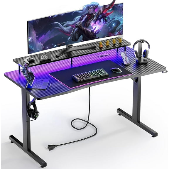 55 Inch Gaming Desk with LED Lights & Power Outlet, Computer Gamer Desk with Monitor Stand, Ergonomic Carbon Fiber Gaming Table Home Office Desk with Headphone Hook & Mouse Pad