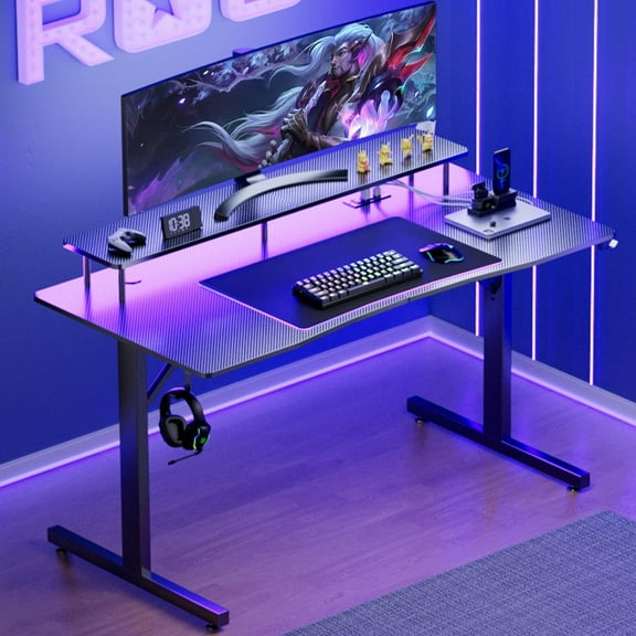 MY 55 Inch Gaming Desk with LED Lights & Power Outlet, Computer Gamer Desk with Monitor Stand, Ergonomic Gaming Table Carbon Fiber Home Office Desk with Mouse Pad & Headphone Hook, Dark Black