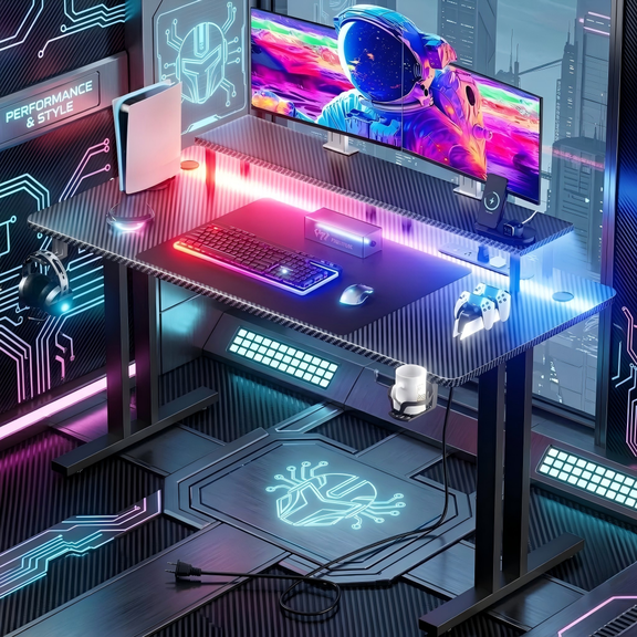 55 Inch Gaming Desk with LED Lights and Power Outlets, Gamer Computer Desk with Monitor Stand, Cup Holder & Headphone Hook, PC Workstation for Home Office, Black