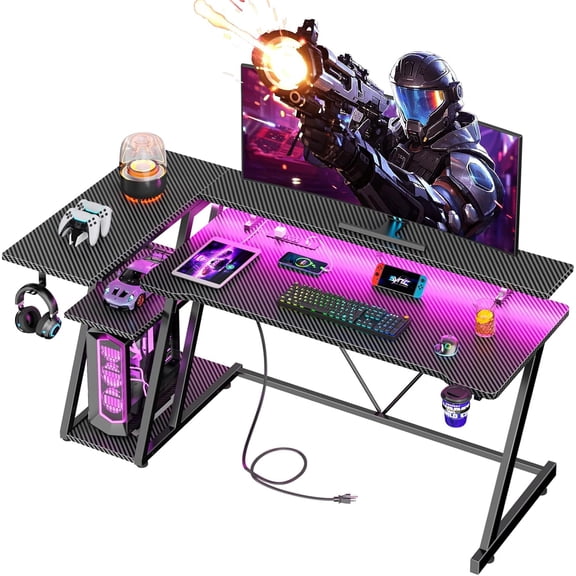 55 Inch Gaming Desk with Power Outlet & LED Lights, L Shaped Gamer Computer Table with Storage Shelves for Bedroom, Corner Home Office Desk, Carbon Fiber Black | L Shaped Gamer Computer Table,