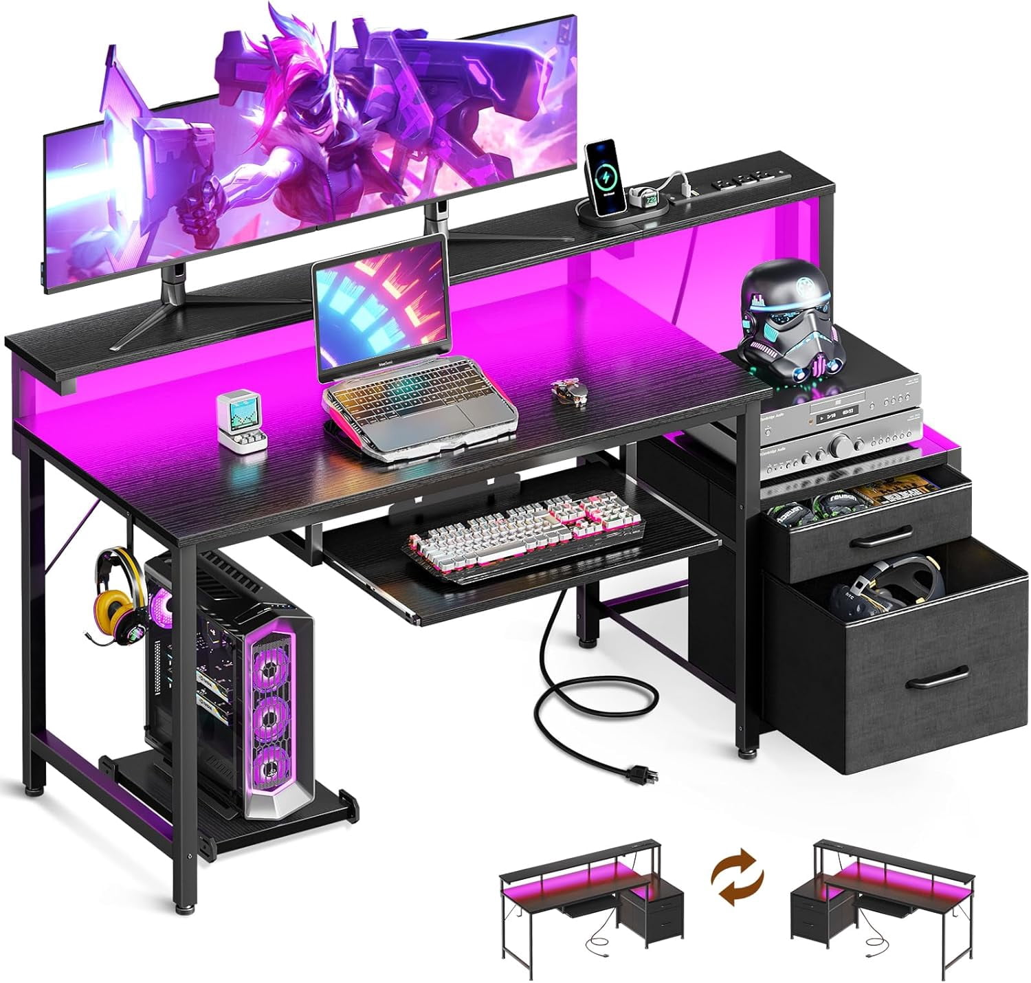 Computer Low Riser With Led Light 55-Inch Gaming Desk with Power Outlets & LED Light, Reversible PC Desk ...