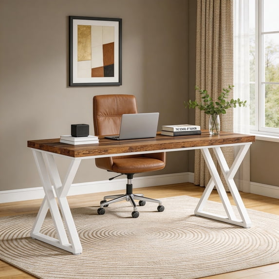 55 Inch Heavy Duty Writing Computer Desk Modern Simple Home Office Desk With Z-Shaped Metal Leg Study Workstation (Walnut & White)