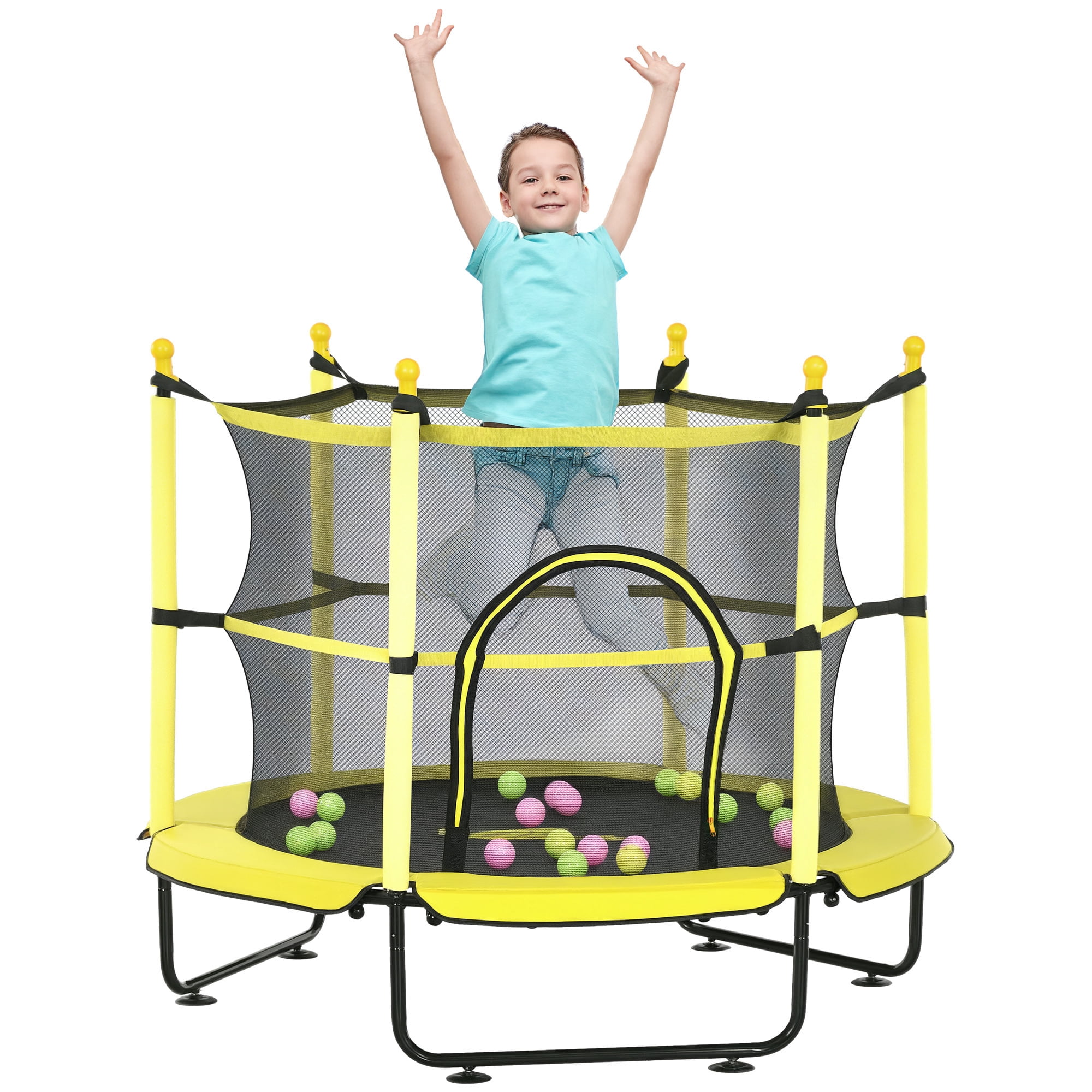55 Inch Kids Trampoline with Safety Enclosure Net & Ball Pit, 4.6' Toddler Rebounder Trampoline for Indoor Outdoor Use, U-Shaped Legs, Elastic Rope, for Ages 3-10