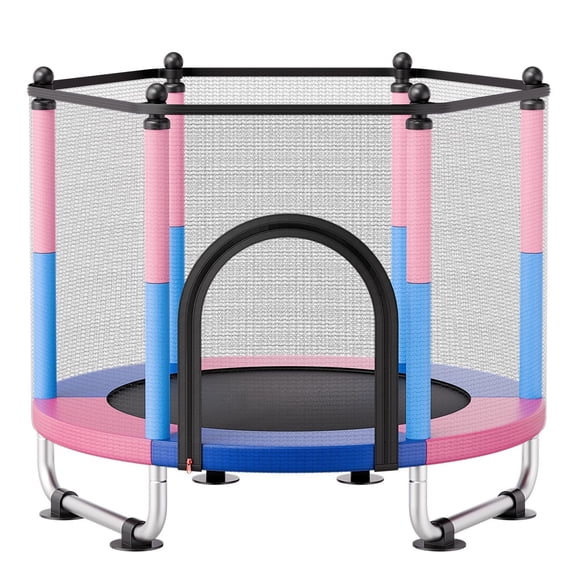 55 Inch Kids Trampoline with Enclosure Net Basketball Hoop Swing, 4.6ft Toddler Mini Trampoline 132lbs Capacity Indoor Outdoor Toy Gift
