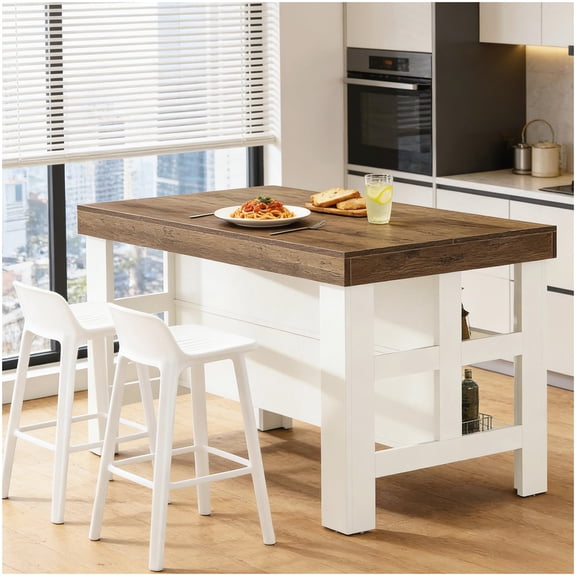 55 Inch Kitchen Island Table with Storage, Rustic Brown White Portable Kitchen Counter for Small Spaces