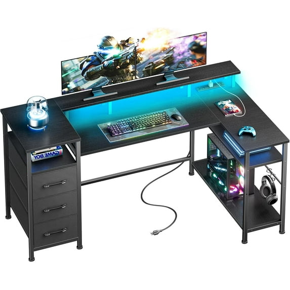 55 Inch L Shaped Computer Desk with Power Outlets and LED Lights, Reversible Gaming Desk with File Drawer & Monitor Stand, Corner Gamer Desk Table for Home Office with Storage Shelves,Black