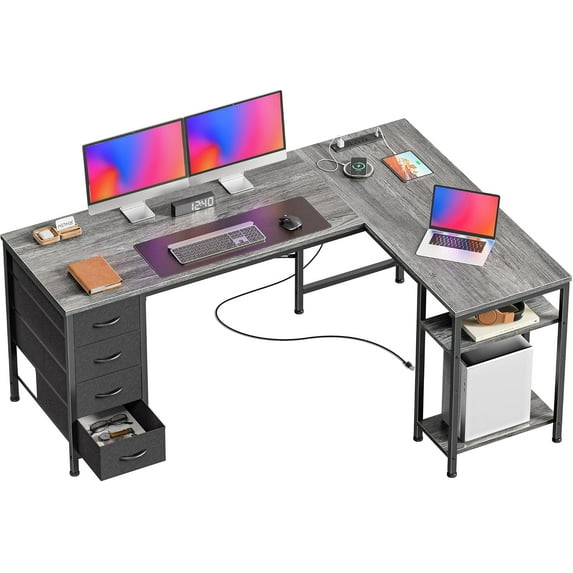 55 Inch L Shaped Desk with Fabric Drawers, Reversible Computer Gaming Desk with Power Outlets and -C Port, Adjustable Side Storage Shelves, for Work Study Corner Office, Grey