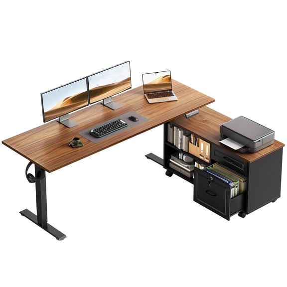 55 Inch L Shaped Electric Standing Desk with Drawers & File Cabinet Sets, Executive Sit Stand Desk, Height Adjustable Computer Desk for Home Office, Writing, Workstation, Walnut+Black