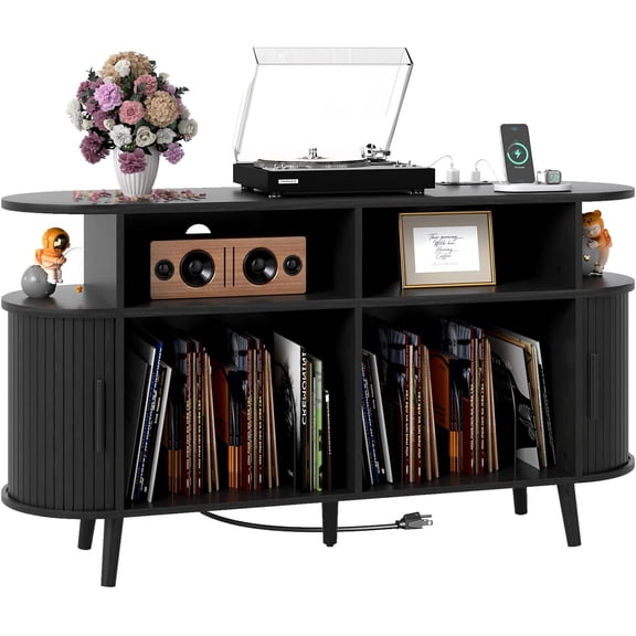 55 Inch Large Round Record Player Stand, Vinyl Record Storage Cabinet with Charging Station and Display Shelf, Mid Century Modern Turntable Stand Table Holds 300 Albums for Living Room, Black