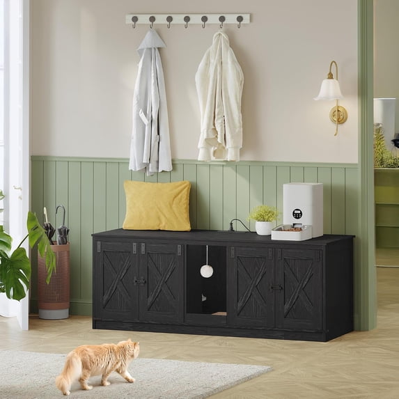 55 Inch Litter Box Enclosure with Hidden Storage and USB Ports for 2 Cats, Black Farmhouse Style Wooden Cabinet
