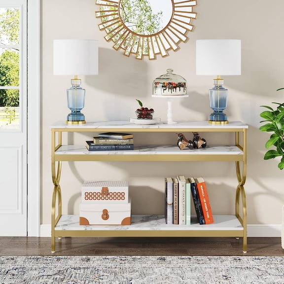 55 Inch Long Narrow Entryway Hallway Accent Console Industrial TV Stand, White+Gold$$Furniture