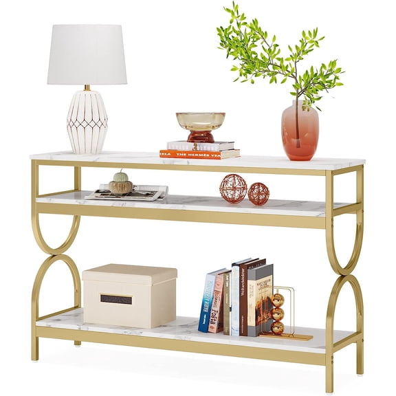 55 Inch Long Narrow Entryway Hallway Accent Console Table Industrial TV Stand, White+Gold