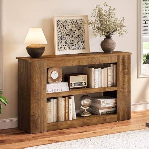55-Inch Long TV Stand for TVs up to 60 Inch, Wooden Console Table with Grooved Side Panels, Modern Entertainment Center with 2 Open Shelves, Open Cabinet for Living Room, Rustic Brown$$Furniture
