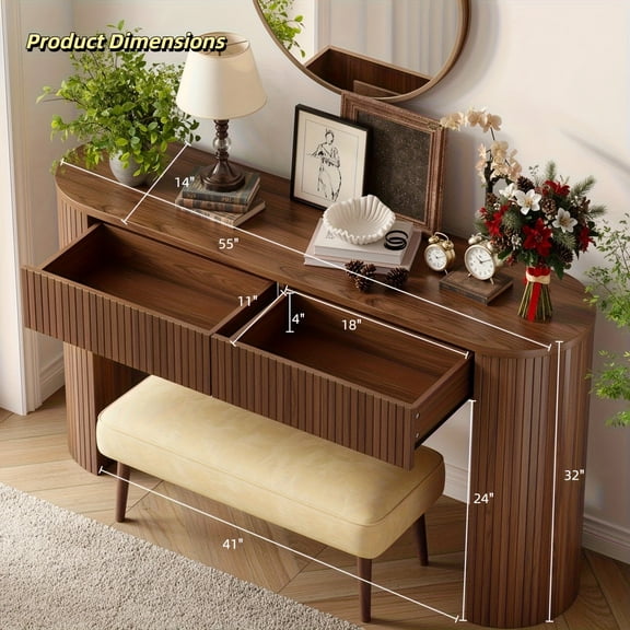 55 Inch Mid-Century Modern Console Table with 2 Drawers - Space-Saving Fluted Entryway Sofa Table Suitable for Behind Couch, Hallway Tables, Wood Console Table (Assembly Required)