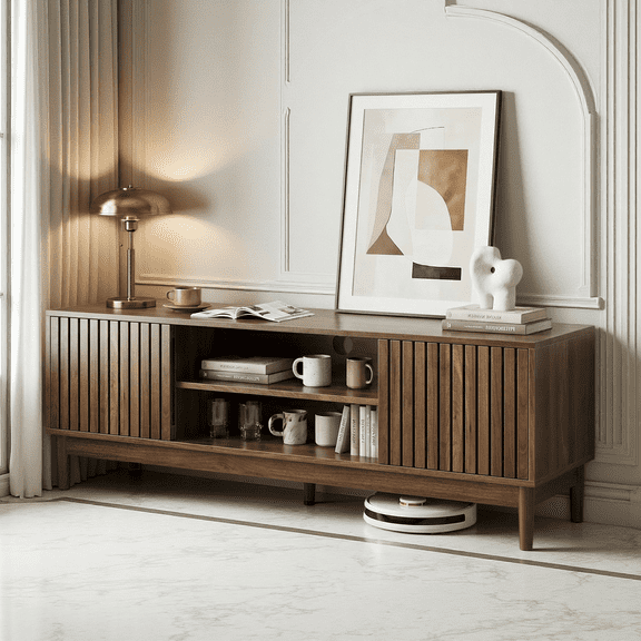 55-Inch Mid-Century Modern TV Stand, Entertainment Center with Storage for 55/65 Inch TV, Media Console with Slatted Doors and Solid Wood Legs,walnut
