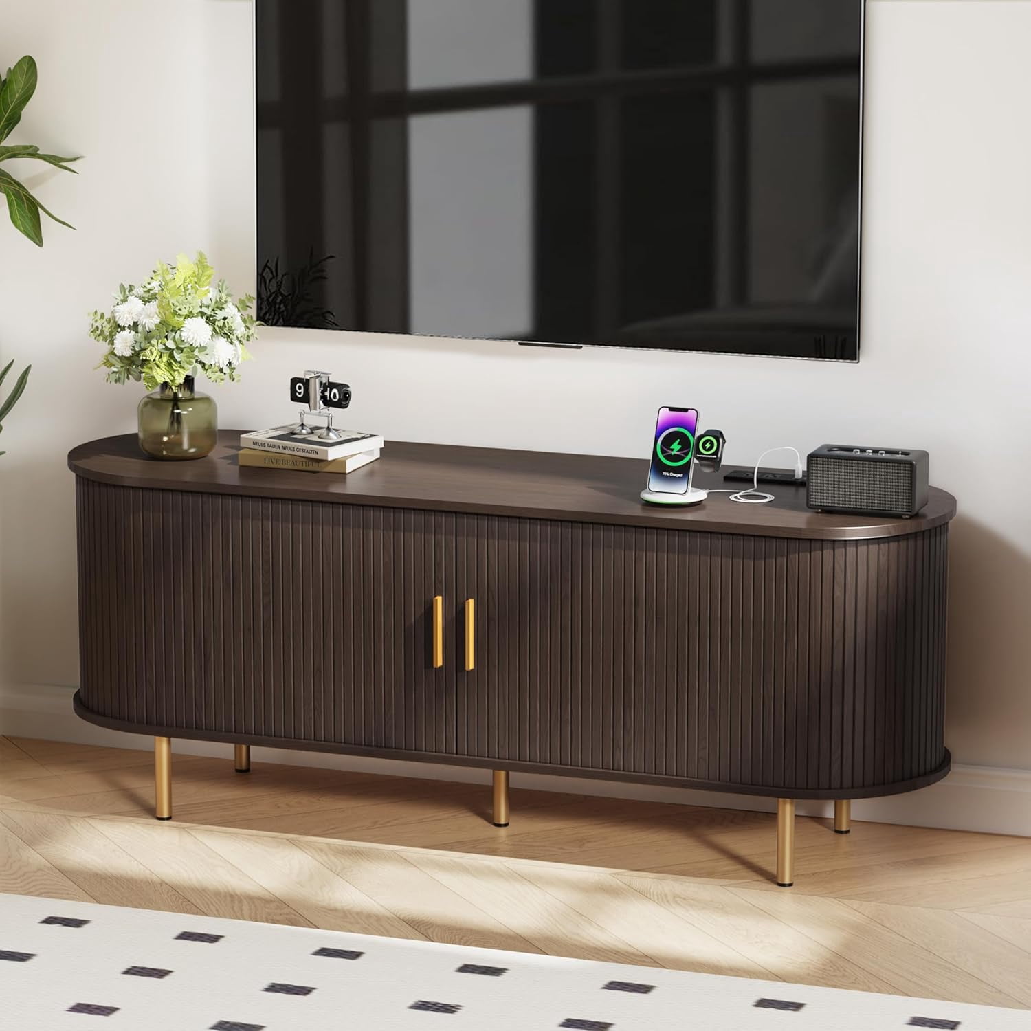 55 Inch Mid-Century Modern TV Stand with Power Outlet and Sliding Doors, Entertainment Center with Adjustable Storage Shelves, for TVs up to 60 Inches, Dark Walnut