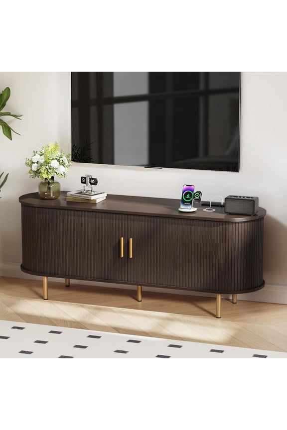 55 Inch Mid-Century Modern TV Stand with Power Outlet and Sliding Doors, Entertainment Center with Adjustable Storage Shelves, for TVs up to 60 Inches, Dark Walnut