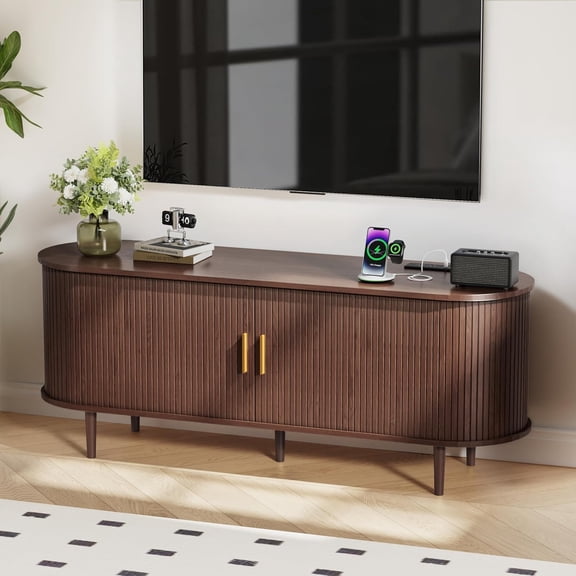 55 Inch Mid-Century Modern TV Stand with Power Outlet and Sliding Doors, Entertainment Center with Adjustable Storage Shelves, for TVs up to 60 Inches, Walnut
