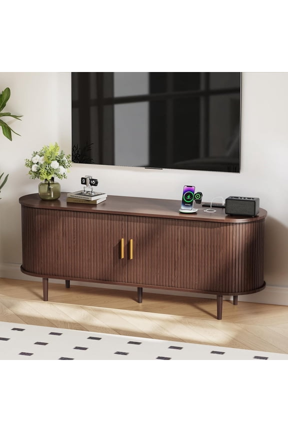 55 Inch Mid-Century Modern TV Stand with Power Outlet and Sliding Doors, Entertainment Center with Adjustable Storage Shelves, for TVs up to 60 Inches, Walnut