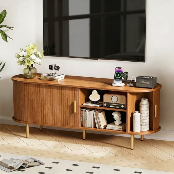 Aisword 55 Inch Mid Century Modern TV Stand with Power Outlet, Storage, Adjustable Shelves & Sliding Doors, For TVs Up To 60 Inch, Yellow