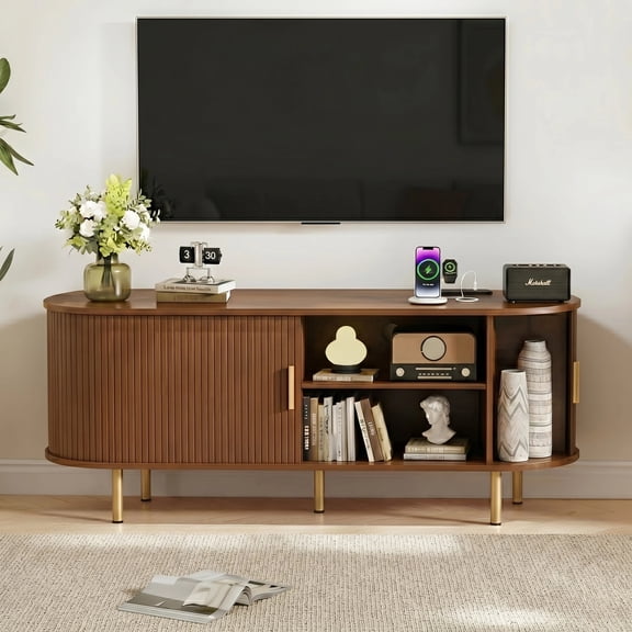 AISWORD 55 Inch TV Stand with Power Outlet for TVs up to 60 Inch, Entertainment Center with Storage and Adjustable Shelves, Media Console with Sliding Doors for Living Room, Walnut