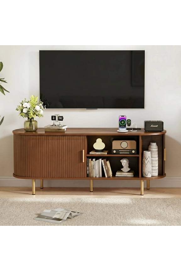 55 Inch TV Stand with Power Outlet for TVs up to 60 Inch, Entertainment Center with Storage and Adjustable Shelves, Media Console with Sliding Doors for Living Room, Walnut