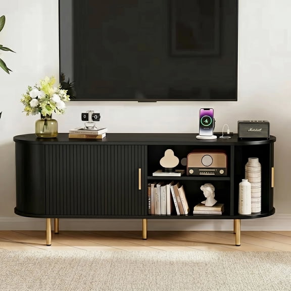 AISWORD 55 Inch TV Stand with Power Outlet for TVs up to 60 Inch, Entertainment Center with Storage and Adjustable Shelves, Media Console with Sliding Doors for Living Room, Black
