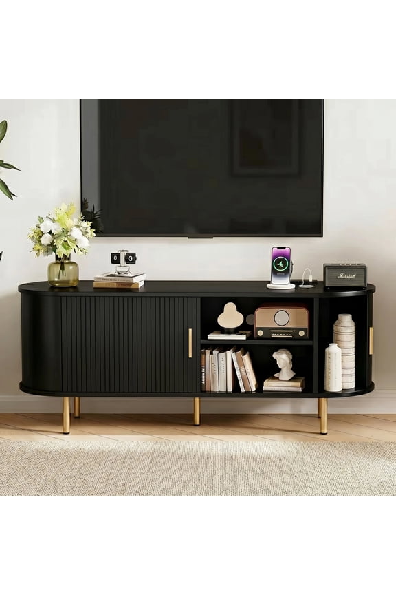 55 Inch TV Stand with Power Outlet for TVs up to 60 Inch, Entertainment Center with Storage and Adjustable Shelves, Media Console with Sliding Doors for Living Room, Black