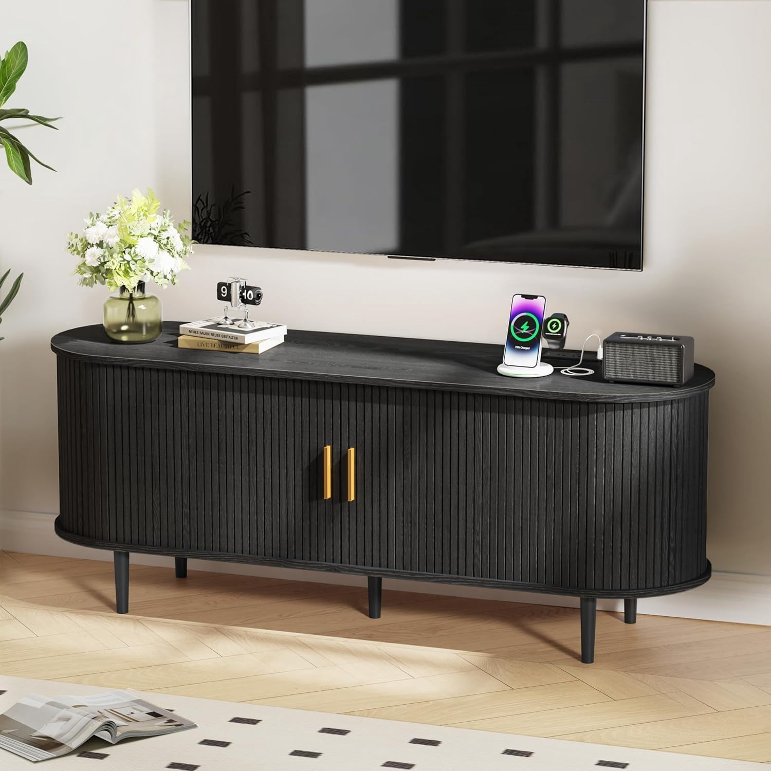 55 Inch Mid-Century Modern TV Stand with Power Outlet for TVs up to 60 Inches, Entertainment Center with Sliding Doors, Adjustable Shelves and Storage, Media Console for Living Room, Black