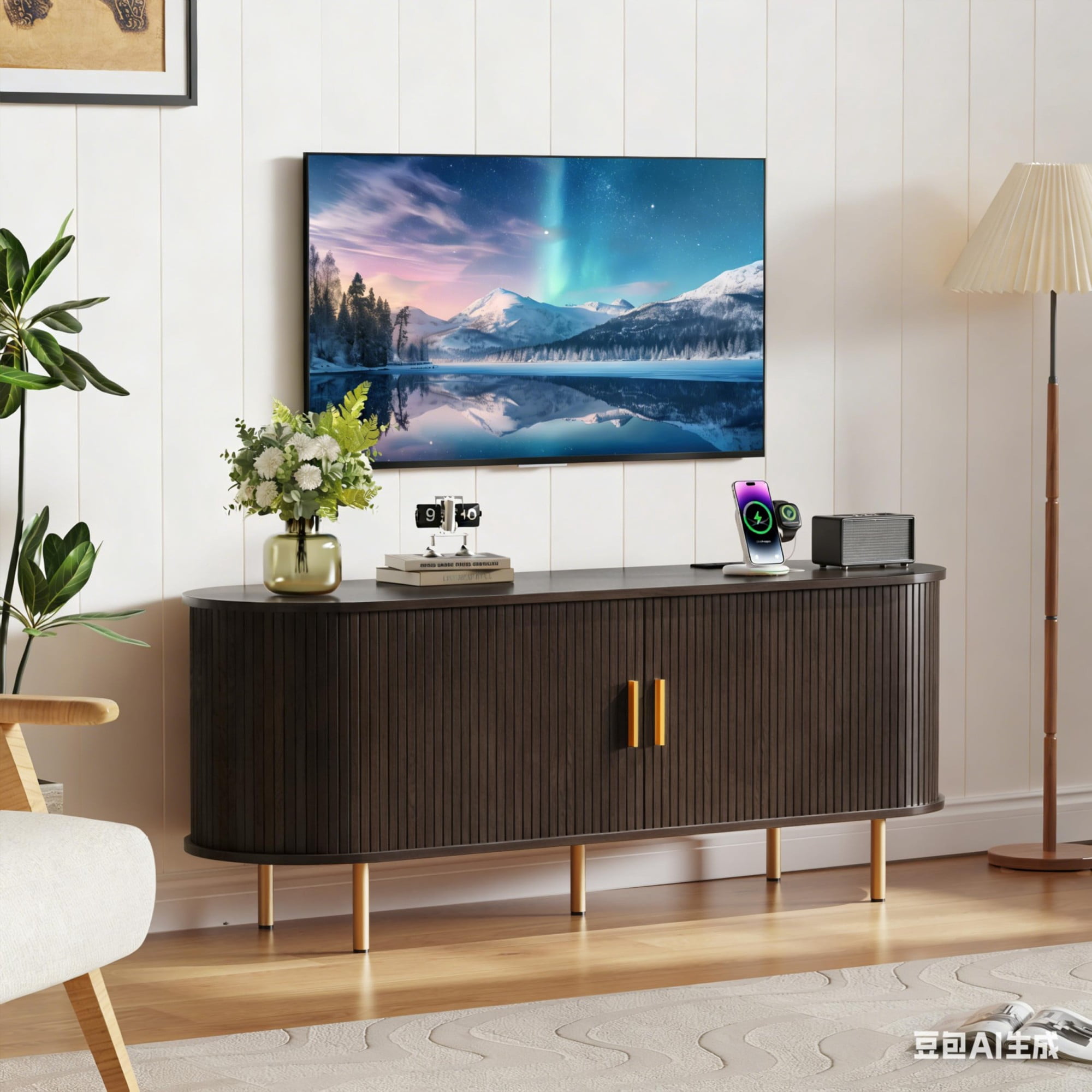 55 Inch Mid Century Modern TV Stand with Power Outlet, Fluted Media Console with Sliding Doors for TVs up to 60 Inch, Coffee