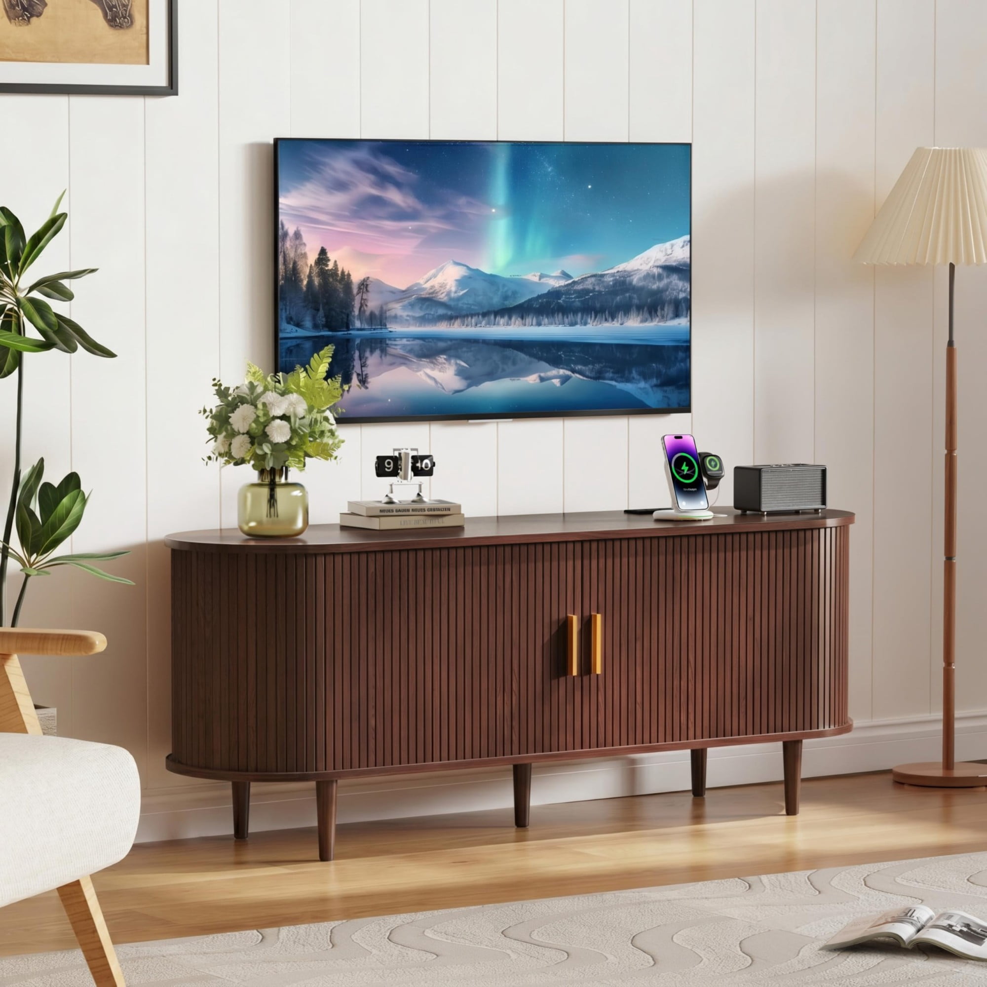 55 Inch Mid Century Modern TV Stand with Power Outlet, Fluted Media Console with Sliding Doors for TVs up to 60 Inch, Walnut
