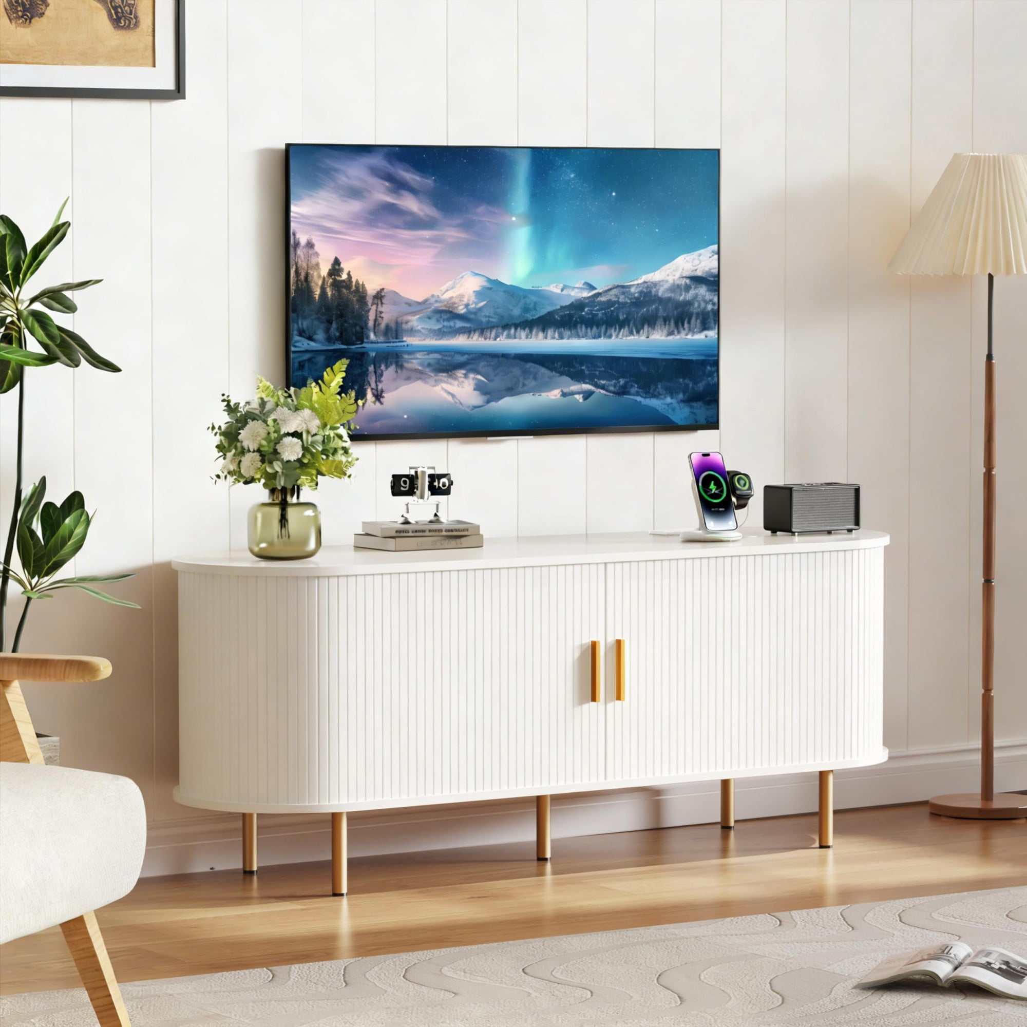 55 Inch Mid Century Modern TV Stand with Power Outlet, Fluted Media Console with Sliding Doors for TVs up to 60 Inch, White
