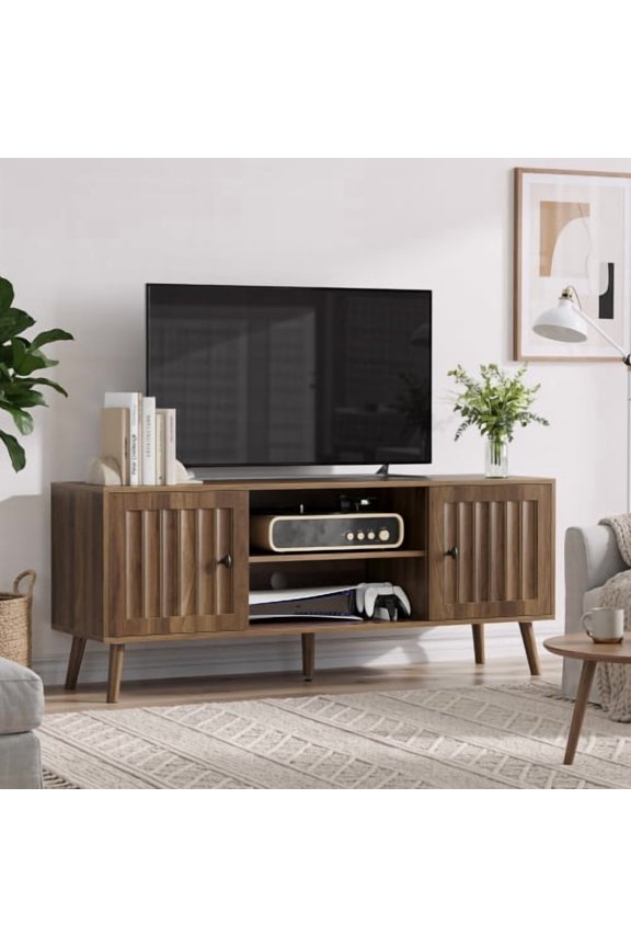 55 Inch Mid-Century Modern TV Stand with Vertical Groove Doors, Adjustable Storage Shelves Entertainment Center for Living Room, Walnut