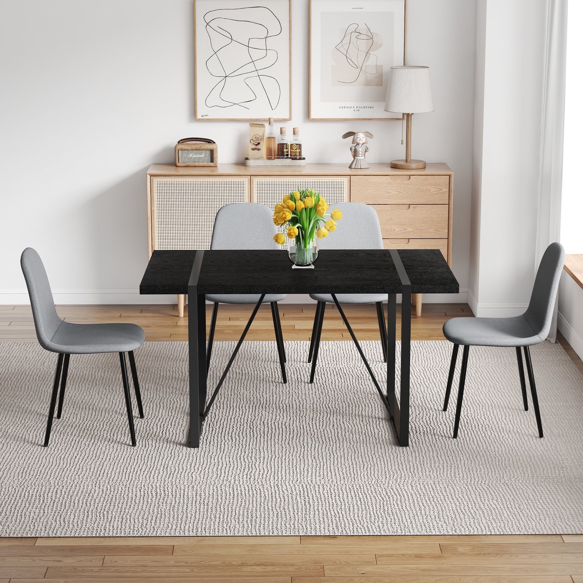 55-Inch Minimalist Retro Rectangular Dining Table Set, Black Textured ...