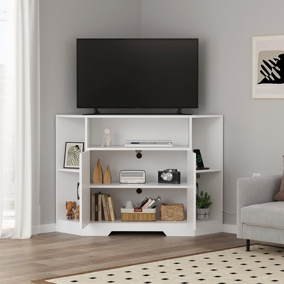 55 Inch Modern Farmhouse Corner TV Stand - White Wooden Media Console with Storage Cabinets & Shelves for Living Room Organization