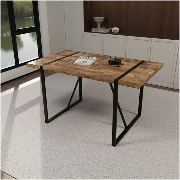 55 Inch Modern Farmhouse Dining Table for 4-6, Industrial Rectangular Dark Wood Look Tabletop with Black Metal Legs, Kitchen & Dining Room