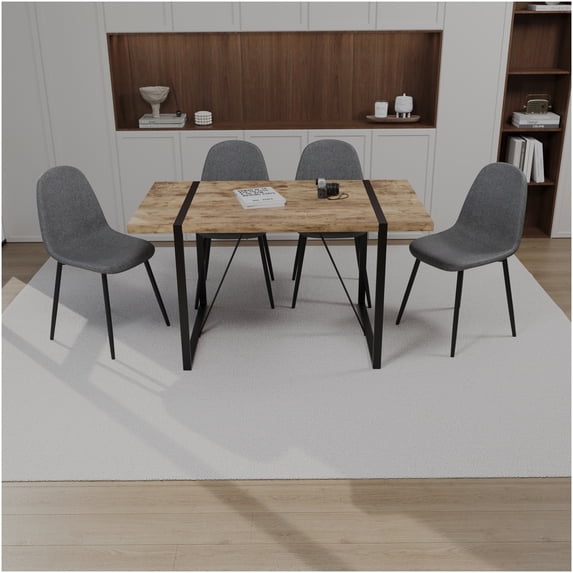 55 Inch Modern Industrial Dining Table Set with 4 Suede Chairs, Grey Brown MDF Top and Black Metal Base