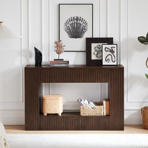 55 Inch Modern Slatted Console Table, Narrow Entryway Table with Open Shelf for Living Room, Hallway, Foyer, Walnut
