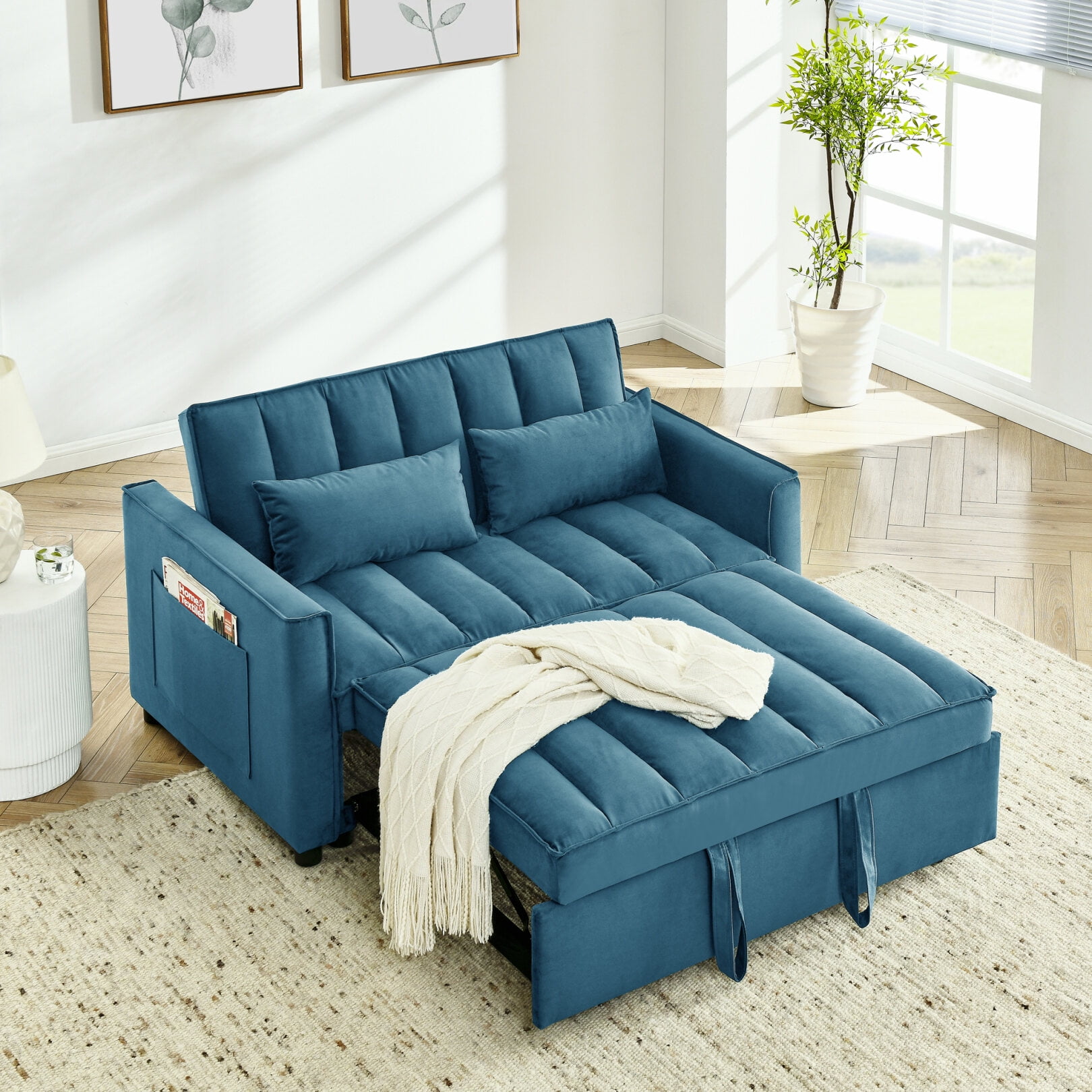 55 Inch Modern Velvet Armchair Sofa， Couch Pull out Bed, 3 in One ...