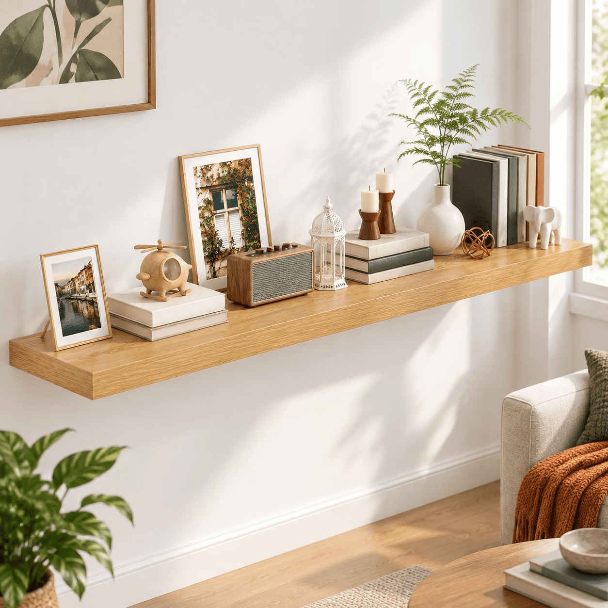 55 Inch Oak Floating Wall Shelf, 12 Inch Depth, Wood Storage Shelf ...