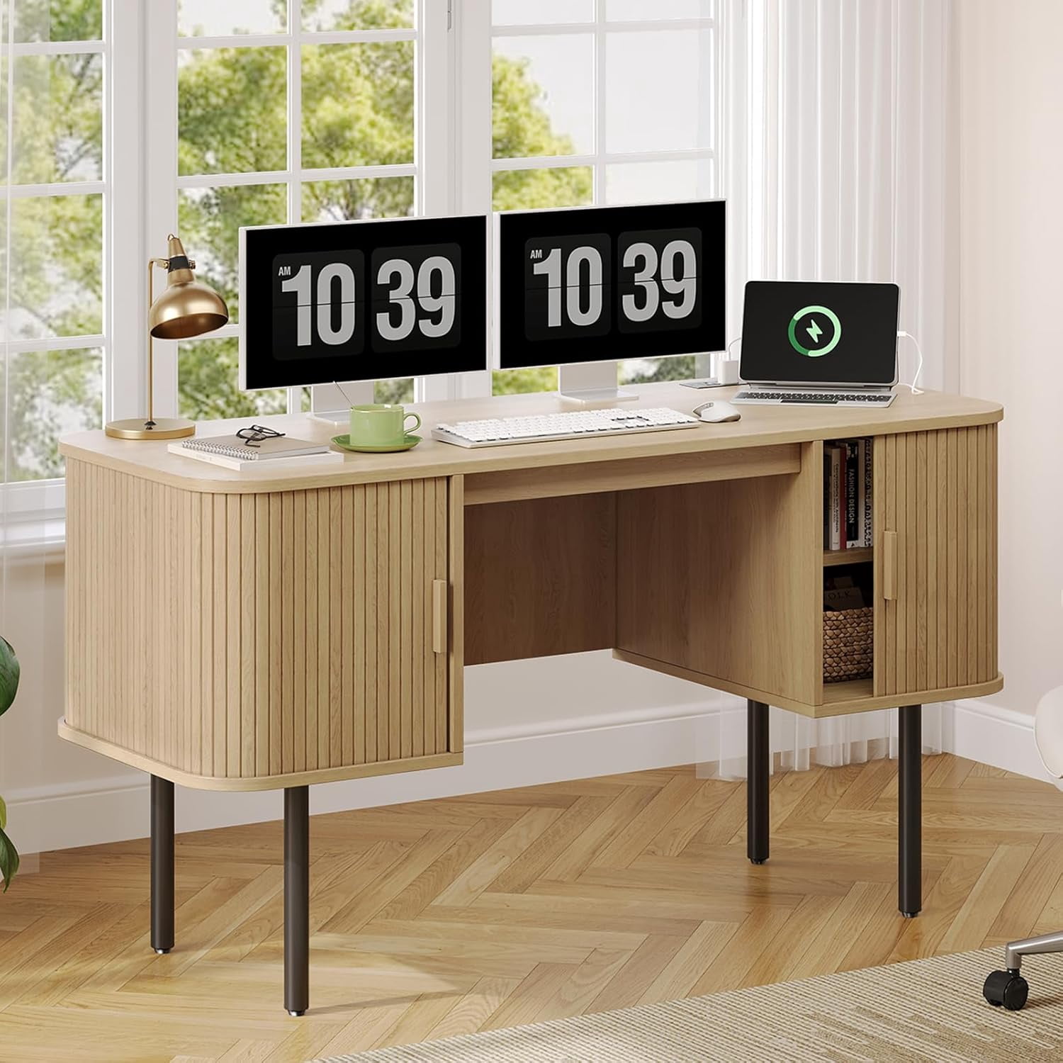55-Inch Oak Fluted Computer Desk with Charging Station and 2 Storage Cabinets, Mid-Century Executive Desk for Home Office