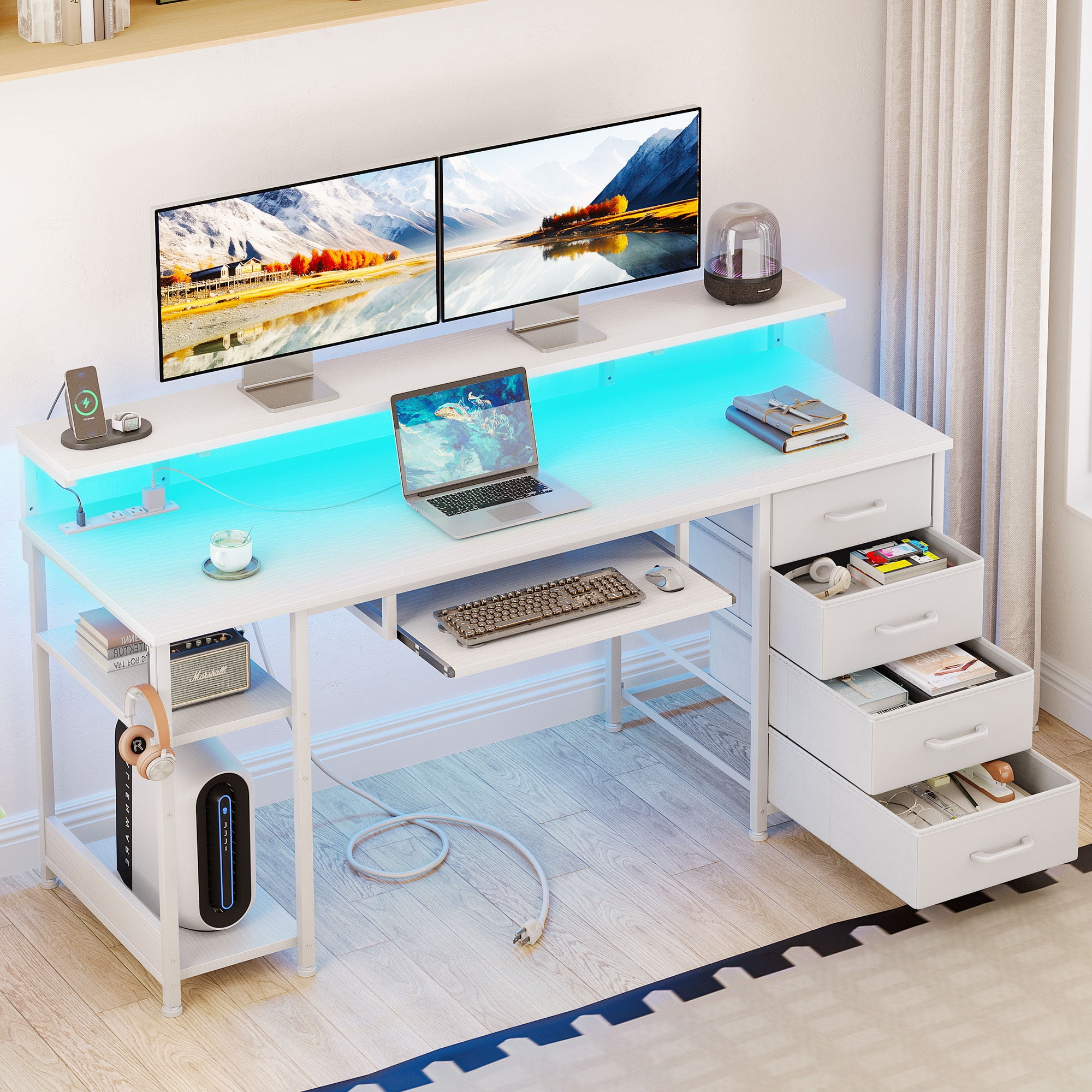 55 Inch Office Desk with Power Outlet and Adjustable Monitor Stand ...