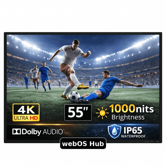 55-Inch Outdoor TV 4K UHD, 1000-Nit High-Brightness for Partial Sun, IP65 Weatherproof Smart TV with HDR10, Dolby-Compatible Audio, Voice Assistant Remote, Wide Viewing Angle