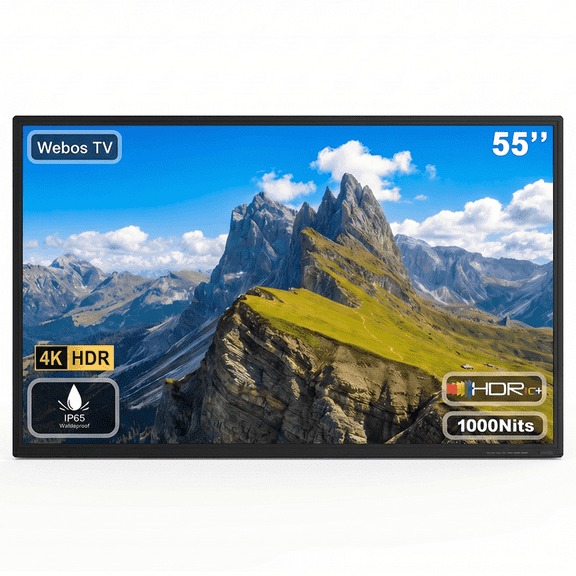 Fantasyview 55" Outdoor TV, 4K UHD, 1000-Nit, IP65 Weatherproof, HDR10, Dolby Audio, Rust-Resistant Aluminum, for Partial Sun