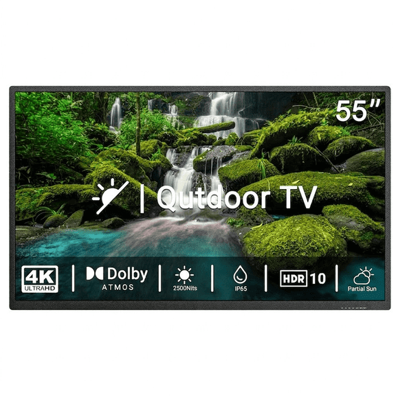 55-Inch Outdoor TV 4K UHD, 2500-Nit High-Brightness for Partial Sun, IP65 Weatherproof Smart TV with HDR10, Dolby-Compatible Audio, Voice Assistant Remote, Wide Viewing Angle