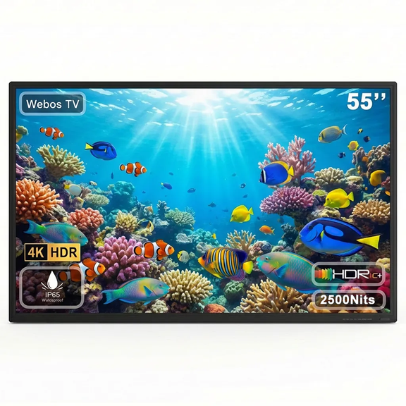 Fantasyview 55" Outdoor TV 4K UHD, 2500-Nit Brightness, IP65 Smart TV for Partial Sun, HDR10, Dolby Audio, Rust-Resistant
