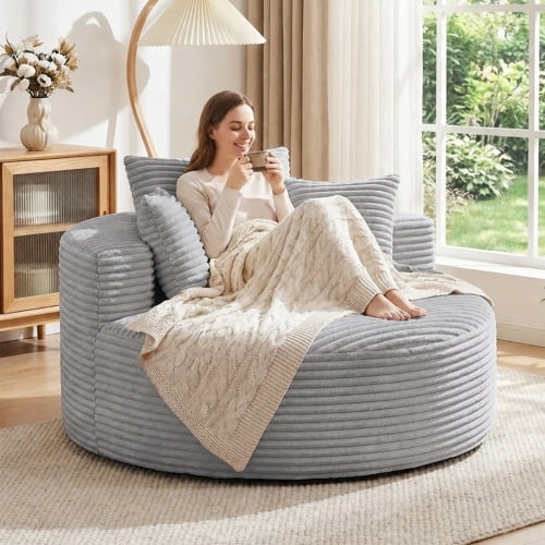55-Inch Oversized Round Chaise Lounge Chair, Modern Corduroy Boneless Floor Sofa with 3 Pillows, Deep Seat Circular Couch for Living Room, Bedroom & Movie Room, Light Gray