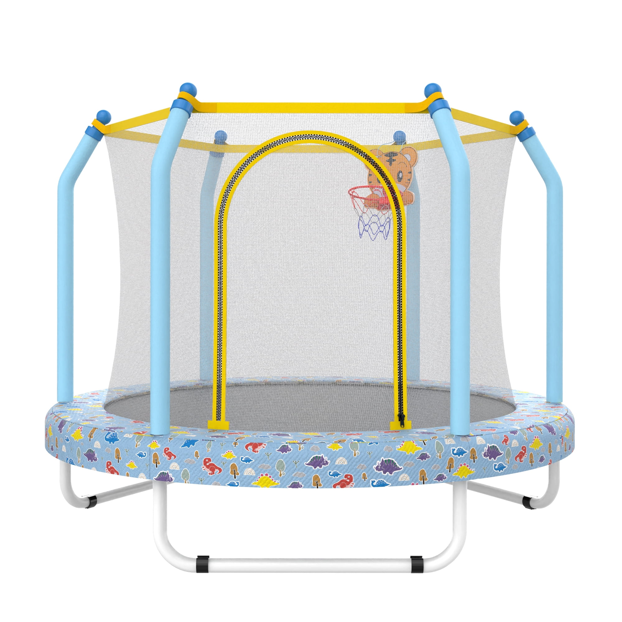 55 Inch Printed Blue Kids Trampoline with Basketball Hoop, Indoor Outdoor Toddler Trampoline