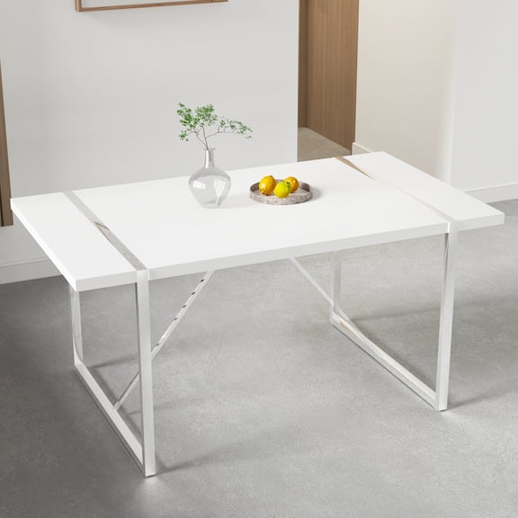 55 Inch Rectangular Dining Table, Sturdy Black Metal Legs, Minimalist Retro Style, Kitchen & Dining Room Furniture, Seats 4 to 6 People, White
